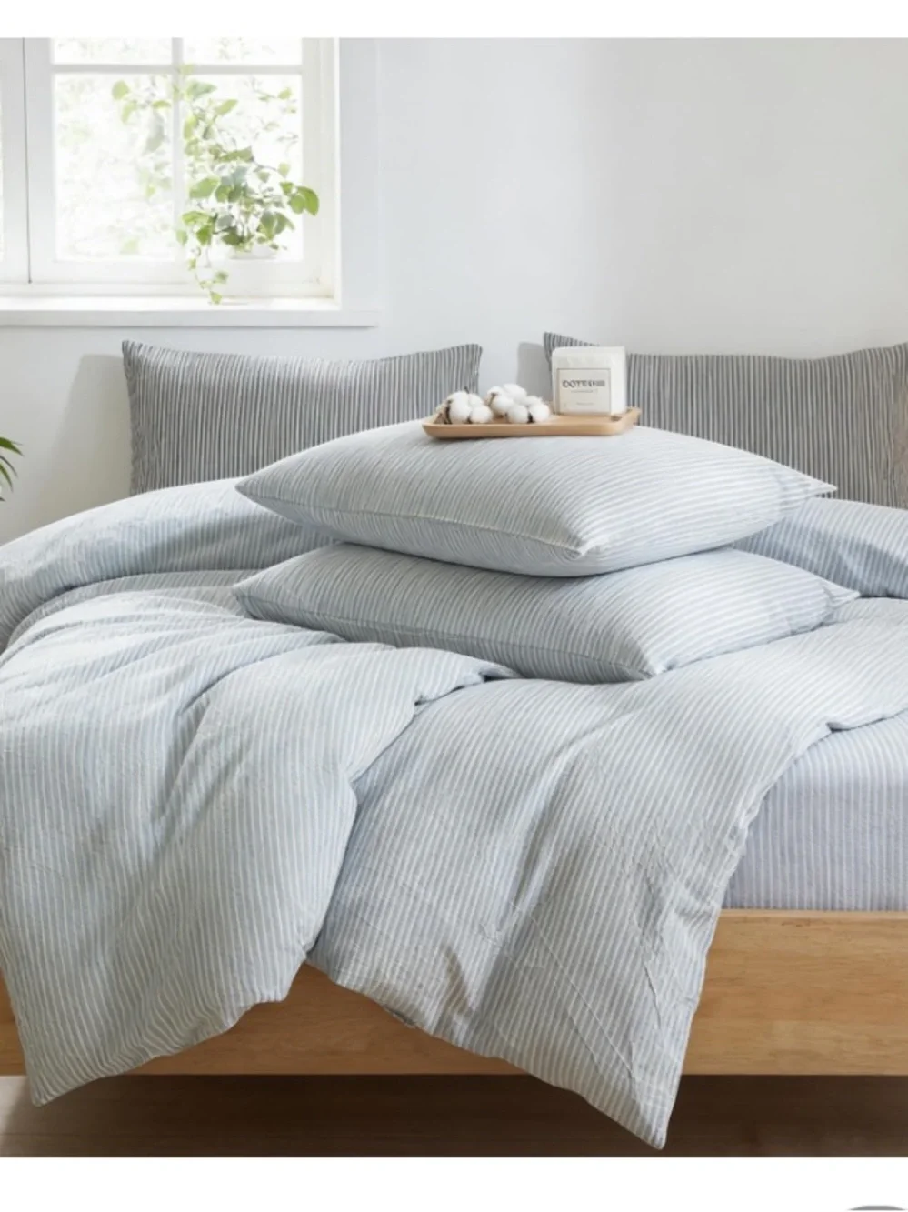 FULL SIZE Pinstripe Duvet Set 100% Washed Cotton All Season - BLUE & WHITE